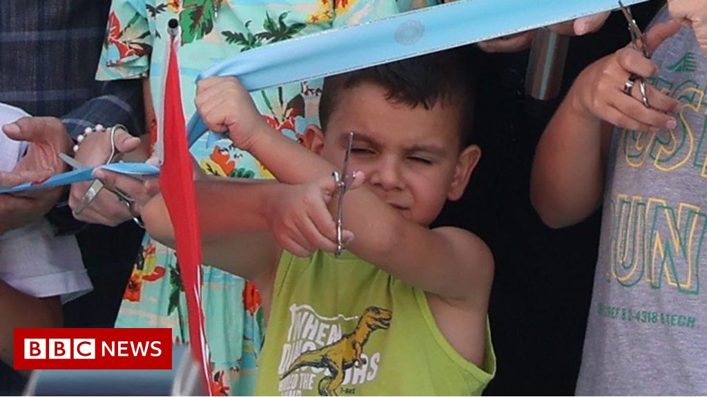 Moment boy cuts ribbon too soon at opening ceremony in Turkey